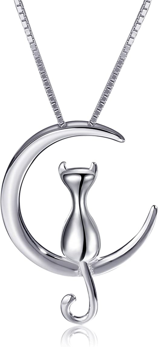 S.Leaf Cat Moon Necklace Sterling Silver Necklaces for Women Cat Necklace